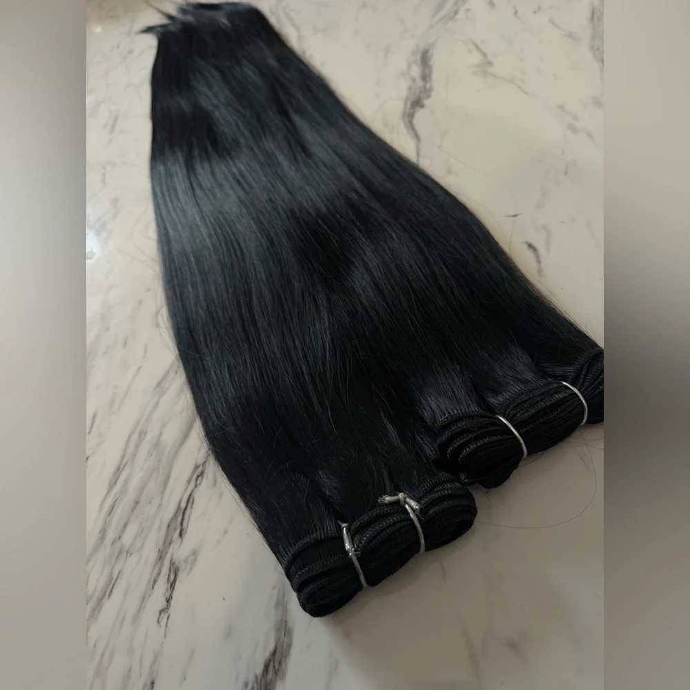 28” Jet Black Human Hair Imitation Weft Extensions – Long Straight Silky Wefts